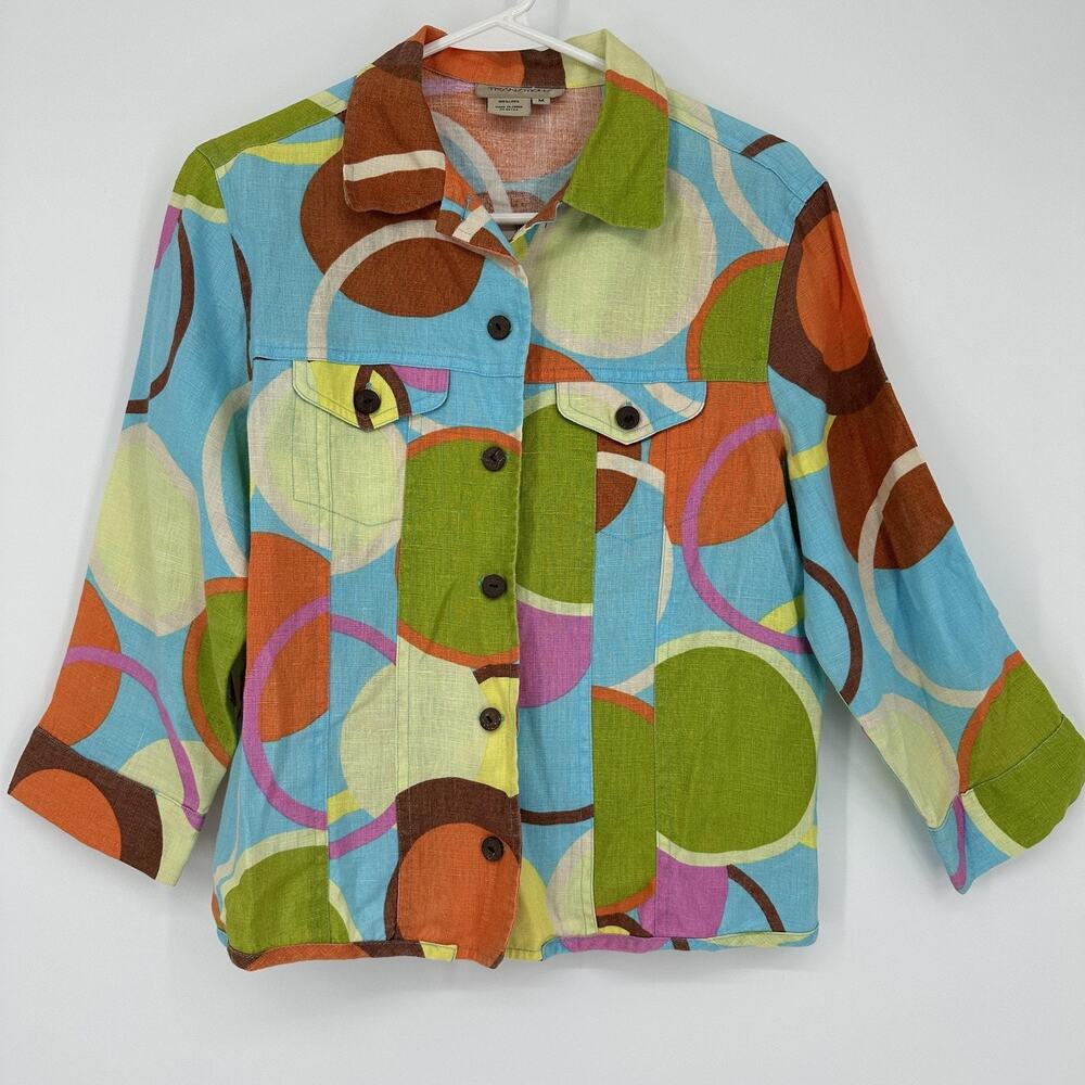 Transitions Jacket Womens Medium Multicolor Linen Button Front Retro 60s Circles